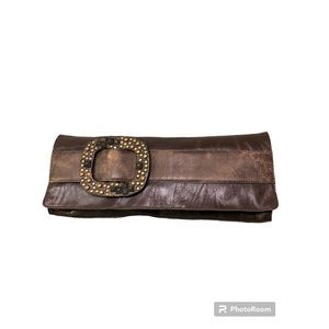 Steven By Steve Madden Leather Brown Clutch Art Deco Statement Bag